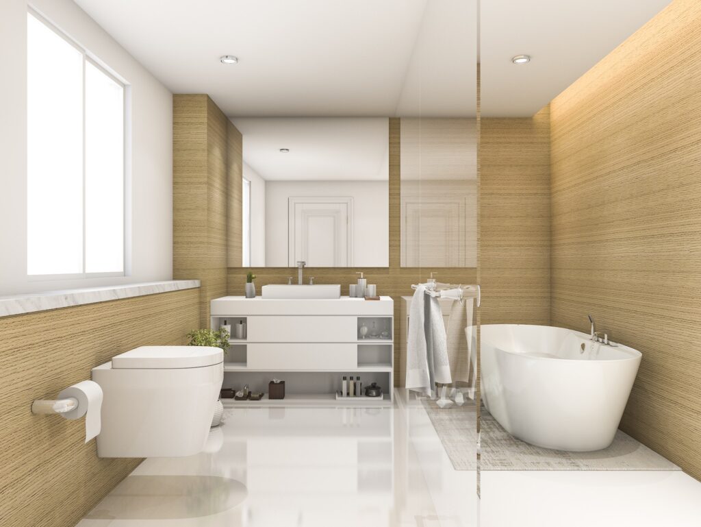 3d rendering beech wood and white minimal bathroom and toilet