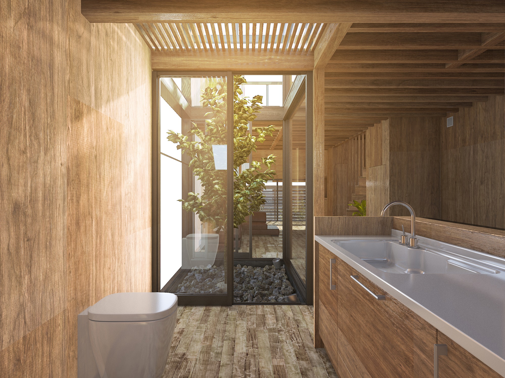 3d rendering wood bathroom near japanese zen rock garden in wood house