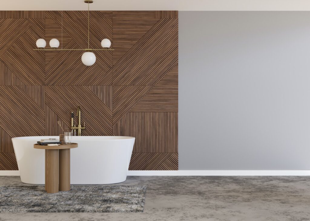 Beautiful and modern bathroom. Wooden panels. Bathtub. Home interior