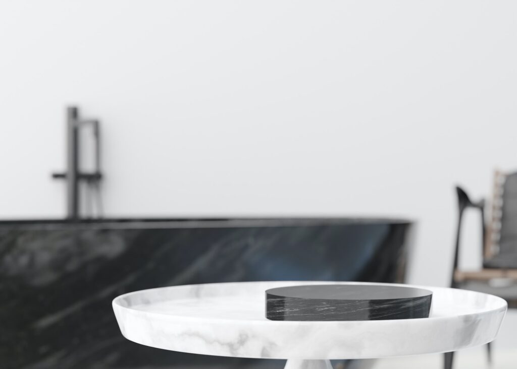 Empty marble podium on the table in bathroom. Copy space for your object, product presentation.