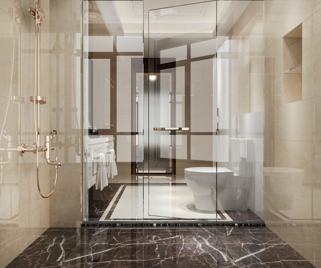 shower room in beige stone tile bathroom