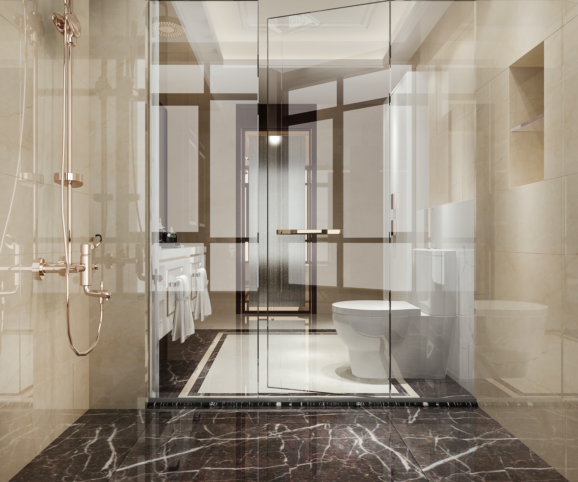 shower room in beige stone tile bathroom