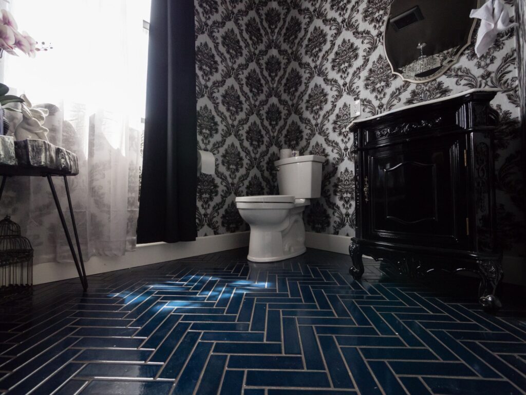Unique eccentric colorful interior decor tile wallpaper pattern texture vintage antique bathroom