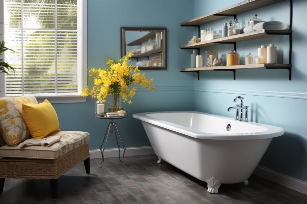 Créez une ambiance rafraîchissante avec une salle de bain jaune et bleu