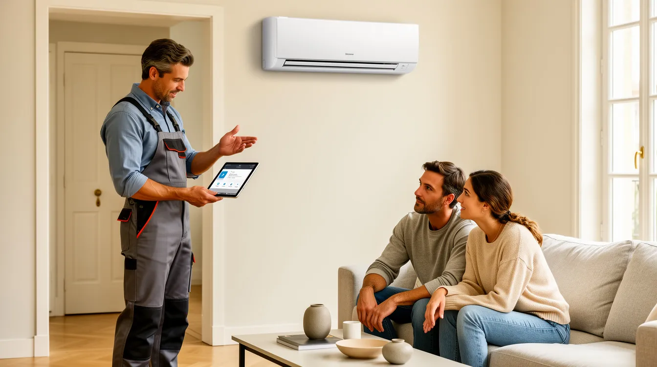 Installateur présentant un devis de climatisation à des particuliers dans un salon