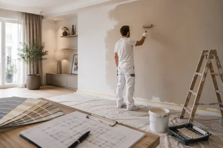 Peintre professionnel repeignant un mur intérieur pour illustrer le prix peinture au m²