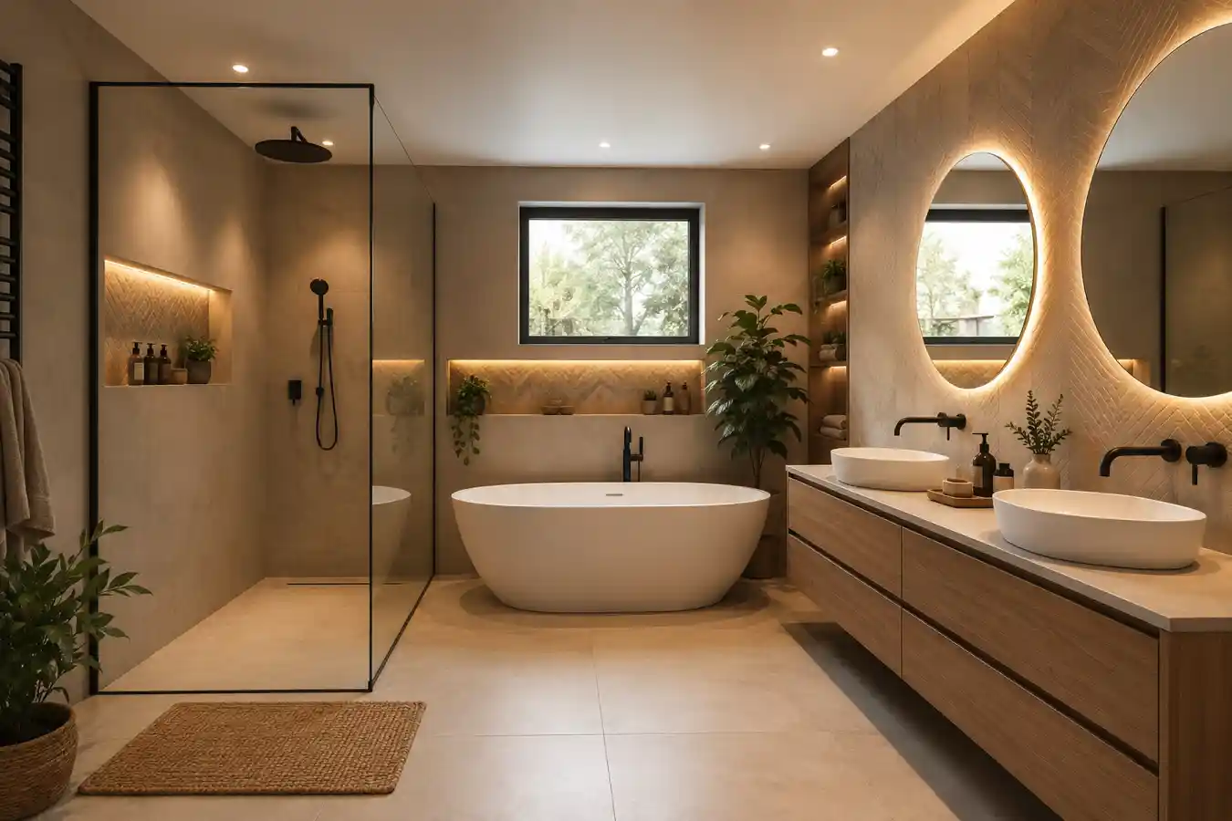 Salle de bain moderne rénovée avec douche à l’italienne, baignoire îlot, double vasque et éclairage chaleureux